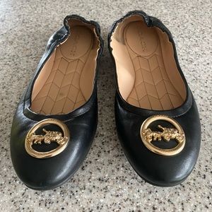 COACH Flats Black with Gold Coach Decoration Size 10